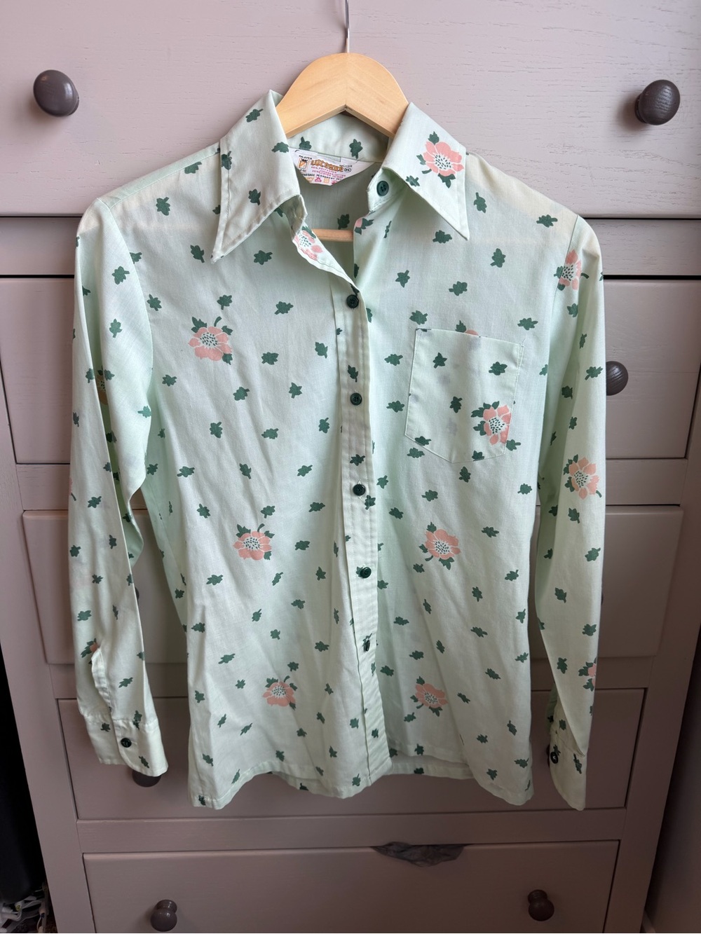 Vintage Mint Floral Button-Up Blouse
